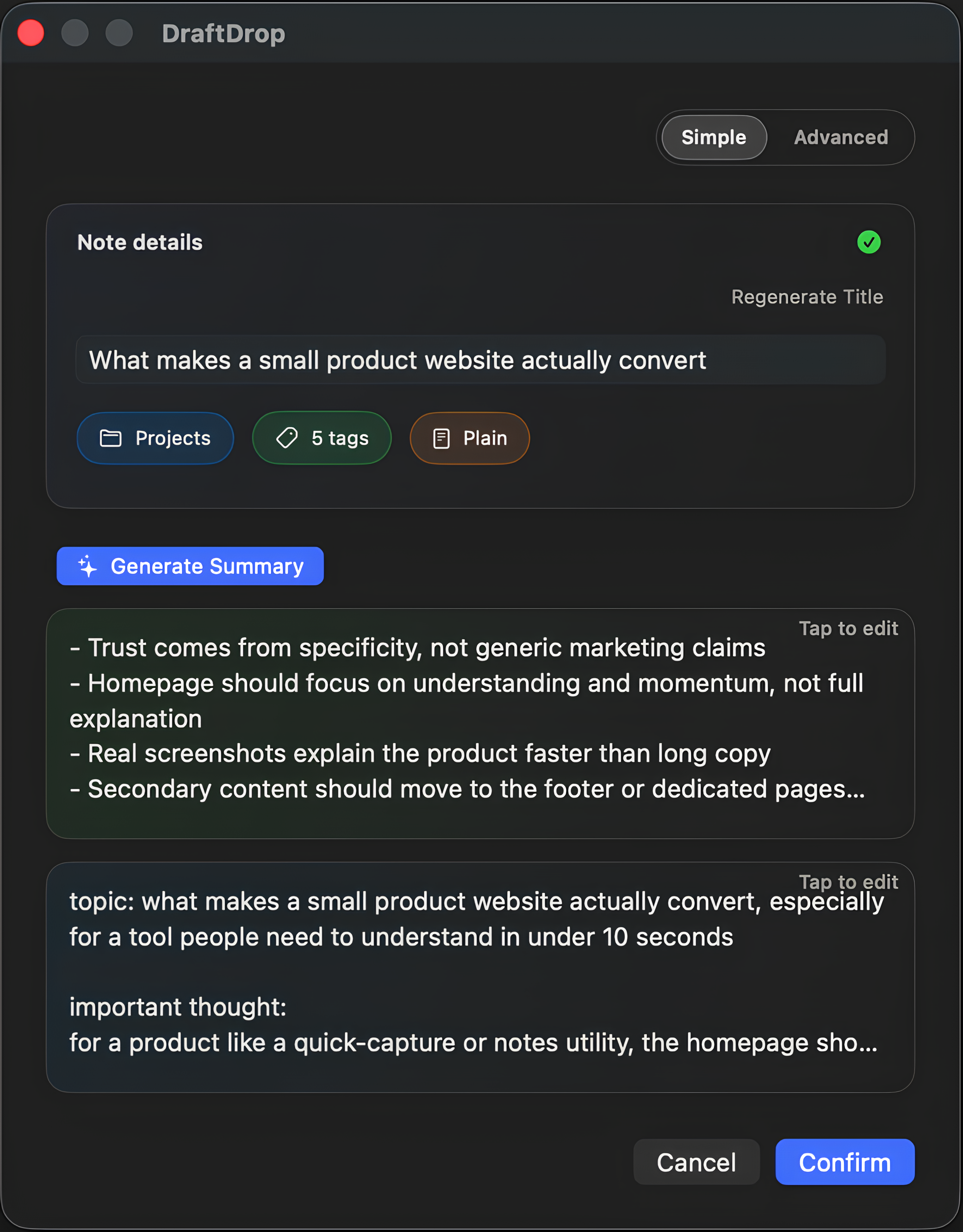 DraftDrop quick capture with generated summary