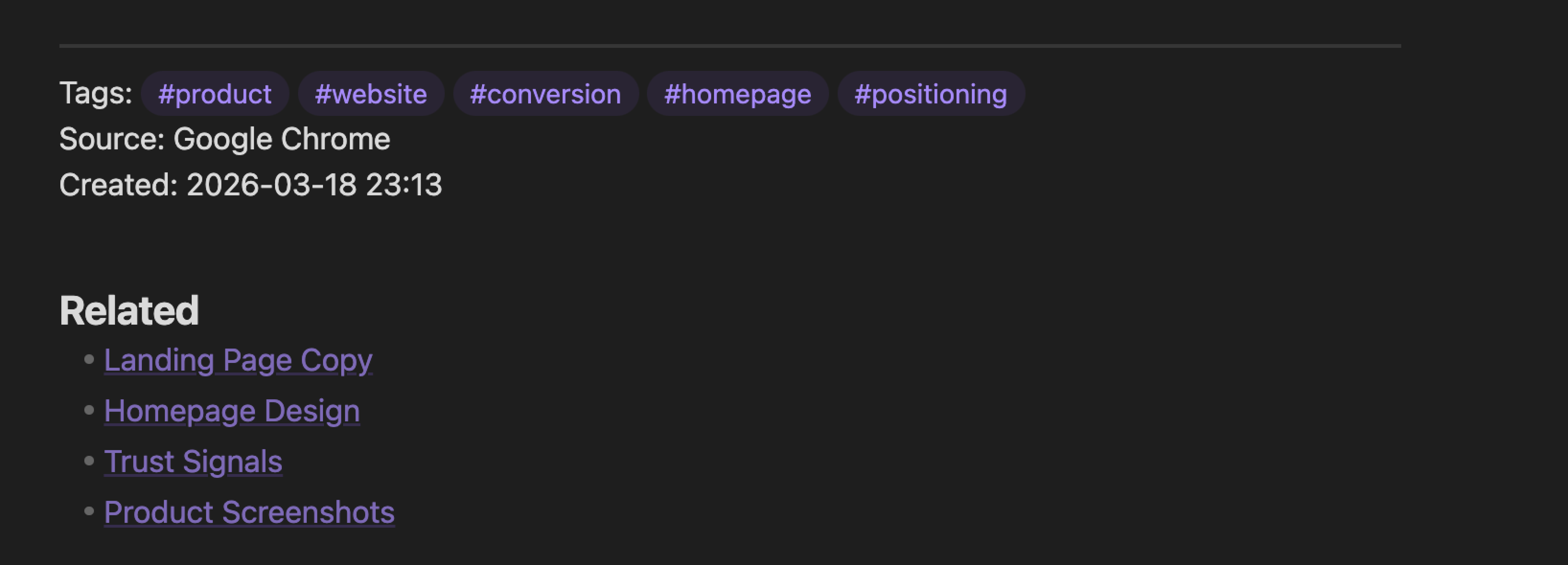 A DraftDrop note in Obsidian with tags and source context